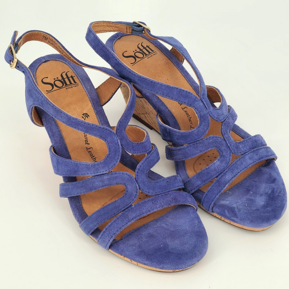 Sofft Womens Corinth Suede Leather & Cork Wedge Sandals Shoes 7M Blue 1282527